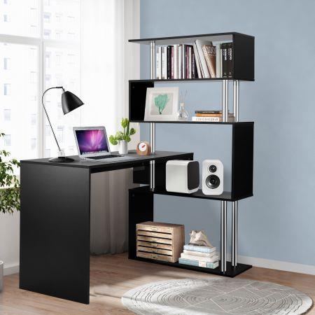Home Office Computer Desk Corner Table 4 Tier Bookshelf Storage L-Shaped Rotating Table Black