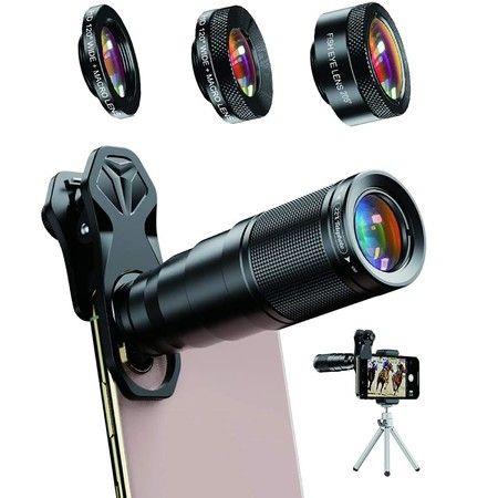 6 in 1 Phone Lens Kit - 22X Telephoto Lens,205 Degree Fisheye Lens,120 Degree Wide Angle Lens Compatible with Smartphone
