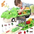 Dinosaur Transporter Truck for Toddler Car Toys, Ejection Race Track Set with Light and Sound, Triceratops Dinosaur Toys for Boys and Girls, Birthday Gifts
