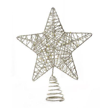 Silver Glittered 3D Tree Top Star with Warm White LED Lights and Timer for Christmas Tree Decoration and Holiday Seasonal Décor, 8 x 10 Inch