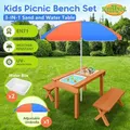 Kids Sand and Water Table Picnic Chairs Outdoor Wooden Bench Adjustable Umbrella Children Play Station Storage Playset Furniture Activity Center
