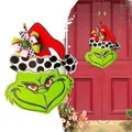Christmas Door Hanging Plaque Decoration, Welcome Sign Funny Grinch_Welcome Front Door Sign Wreaths,Wood Farmhouse Porch Decor for Home Wall Garland