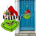 Christmas Door Hanging Plaque Decoration, Welcome Sign Funny Grinch_Welcome Front Door Sign Wreaths,Wood Farmhouse Porch Decor for Home Wall Garland