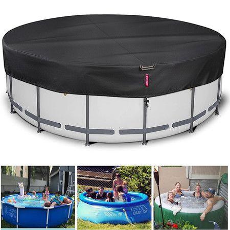 8FT Round Winter Pool Cover, 210D Tear Resistant Solar Pool Covers for Above Ground Pools, Fade Resistant Pool Cover with Windproof Strap, Drawstring, Ground Nails, 240CM ,Black