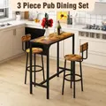 3PCS Bar Table Set 2 Stools Chairs Dining Breakfast Cafe Home Bistro Kitchen Pub Coffee Counter High Top Tall Furniture Rustic Industrial Wooden Metal