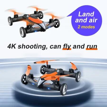 2 in 1 Stunt Roll Aerial Photography FPV Drone WIFI 4K HD Camera Land and Air Fighting RC Quadcopter-Orange