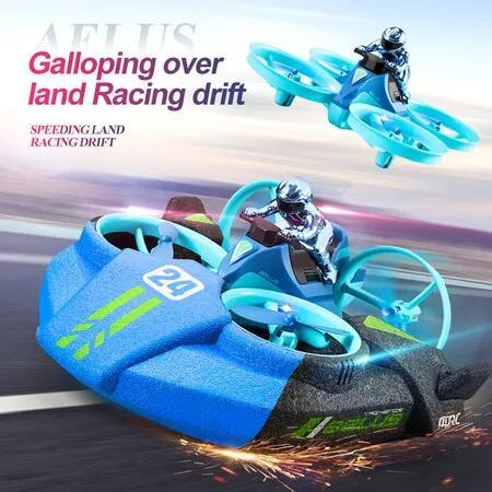 3 In 1 Remote Control Plane, Air Flight/ Driving On Land/Water Driving Waterproof Quadcopter RC Toy-Blue