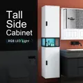 Bathroom Storage Cabinet Shower Medicine Organiser Shelves Display Cupboard Tall Narrow Corner Floor Unit Tallboy Furniture LED Light 2 Doors White