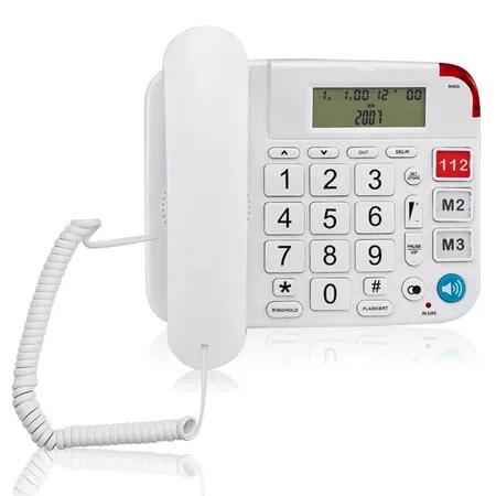 Senior Landline Phone Hearing Aid Big Button Elderly Backlight Display Mute Pause Redial Alzheimer Support White Corded