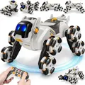 8WD RC Stunt Car Toys 2.4GHz 360 Degree Rotating Changeable Robot Dog Remote Control Car Toys with Spray and Lights (White)