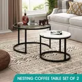 2 Round Coffee Table Set Nesting Bedside Sofa End Tea Nightstand Lounge Lamp Metal Modern Black White Faux Marble Glass Top
