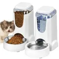 2 Pack Automatic Cat Feeder and Water Dispenser with Stainless Steel Bowl Dog Gravity Food Feeder and Waterer for Small Medium Pets Puppy Kitten(White)