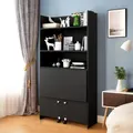 Folding Computer Desk with 5 Tier Wooden Bookshelf Writing Storage Furniture Bookcase Organiser Shelving Unit with 2 Wheels
