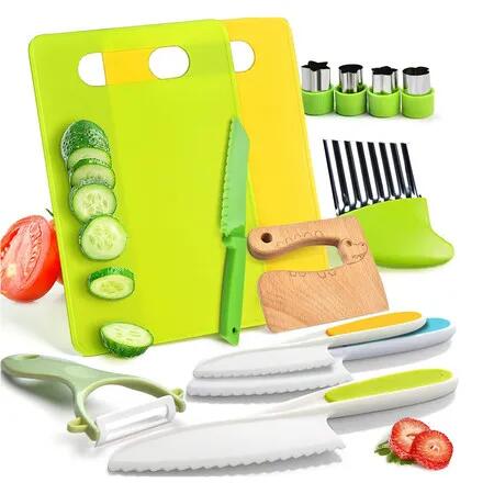 13Pcs Toddler Knife Set Montessori Real Cooking Kitchen Tools Toys for Kids Age 3+ Real Plastic Safe Knives Crinkle Cutter Cutting Board