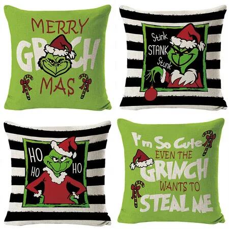 Set of 4 Christmas Decorative Throw Pillow Covers Merry Grinchmas Ho Ho Stripe Christmas Decorative Cushion Case for Home Decor 18 x 18 Inches