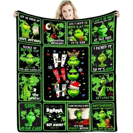 Christmas Grinch Blanket Flannel Throw 150*200cm Colorful Holiday Decor for Halloween,Thanksgiving,Christmas Decorations! For Sofa or Bed