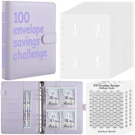 100 Envelope Challenge Binder/A5 Money Saving Budget Binder for Saving Money(Purple) Purple