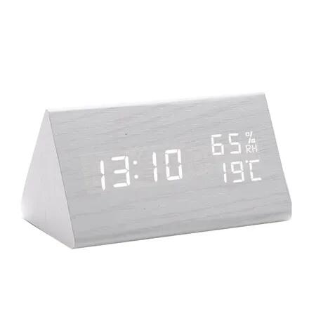White Color Wooden Triangular LED Alarm Clock Desktop Digital Thermometer And Electronic Clock