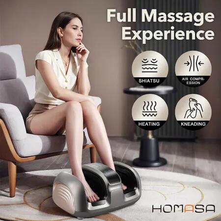 Foot Massager Machine Leg Calf Arm Electric Shiatsu Kneading Massage Device Home Portable with Heat LCD Timer LED Adjustable Bracket