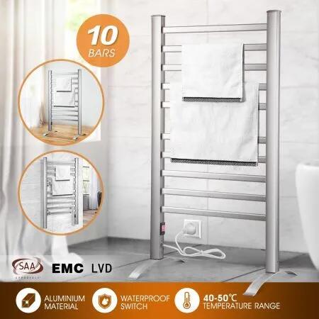 2-in-1 Electric Heated Towel Rail Bathroom 10 Bars Rack Warmer Free Standing Wall Mount