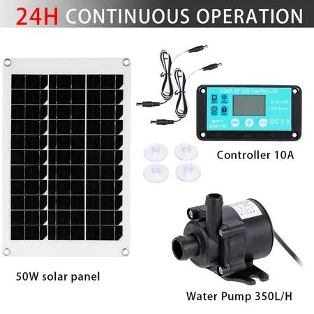 Solar Water Pump 50W DC12V Panel Kit Time Controller Submersible Garden Fountain Fish Pond Bird Bath Decor