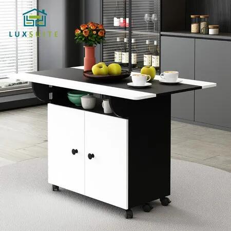 Folding Dining Table with Wheels Extendable Outdoor Furniture Breakfast Room Dinner Kitchen Bar Camp Picnic Desk 2 Storage Cabinets Wood