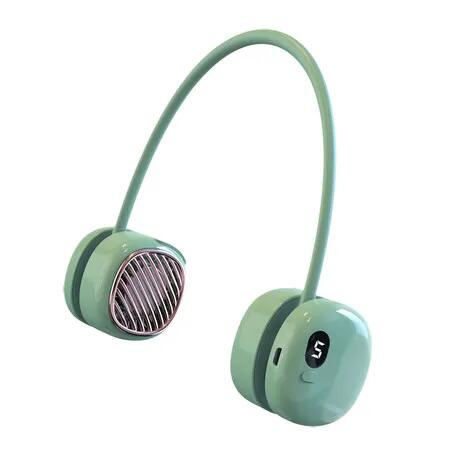 Green 5 Wind Speed 3000mAh Portable Mini Leafless Hanging Neck Fan Outdoor Digital Display Lazy Fan