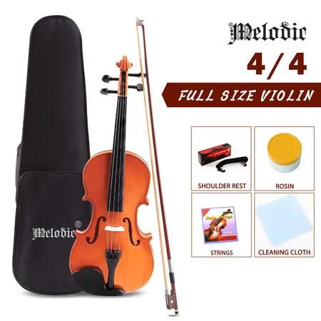 Melodic 4/4 Full Size Acoustic Violin Wooden Natural w/ Bow Rosin Strings Beginner