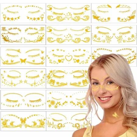 15 Sheets Metallic Gold Temporary Tattoo Stickers Butterfly Star Glitter Face Designs For Girls Women Dancer Party Festivals