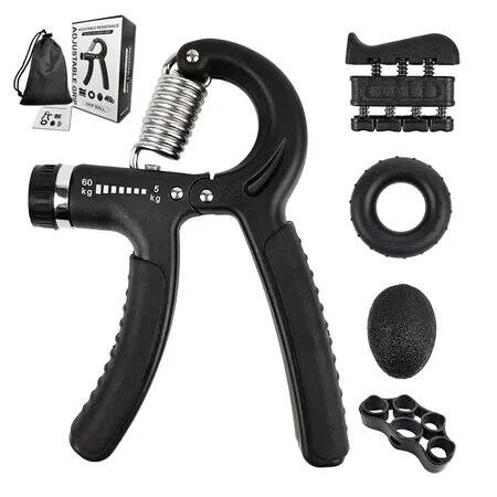 Hand Grip Strengthener Exercise Kit with 5 Pieces, Hand Exerciser for Men Women, Finger Stretcher, Stress Relief Ball, for Grip Strength Training, Black