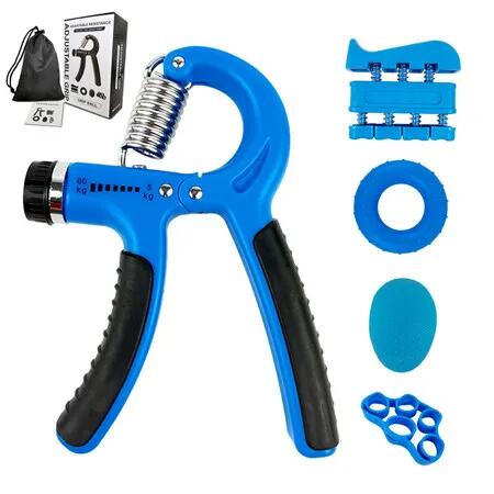 Hand Grip Strengthener Exercise Kit with 5 Pieces, Hand Exerciser for Men Women, Finger Stretcher, Stress Relief Ball, for Grip Strength Training, Blue