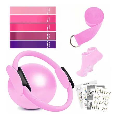 9Pcs Pilates Circle Rings Training Set Yoga Fitness Kit with Pilates Ring Grip Socks Resistance Bands for Home Gym Workouts Equipment Color Pink