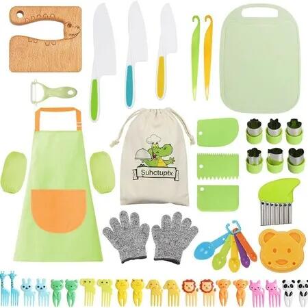 50PCS Toddler Knife Set Kids Knifes for Real Cooking Wooden Kids Kitchen Knife Set with Gloves Cutting Board Crinkle Cutters Kid Safe Knives
