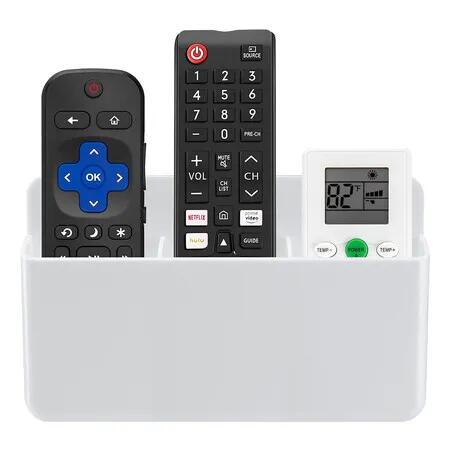 3 Slot Adjustable Remote Control Holder Wall Mount, TV Remote Box Hollow Bottom Slot Easy Phone Charging, for Home Office School, White