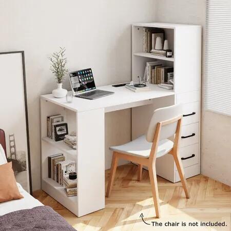 Computer Desk Bookcase 3in1 Study Writing Laptop Table Shelving Office Work Bookshelf Storage Drawers Corner Cabinets USB Power Strip Furniture White