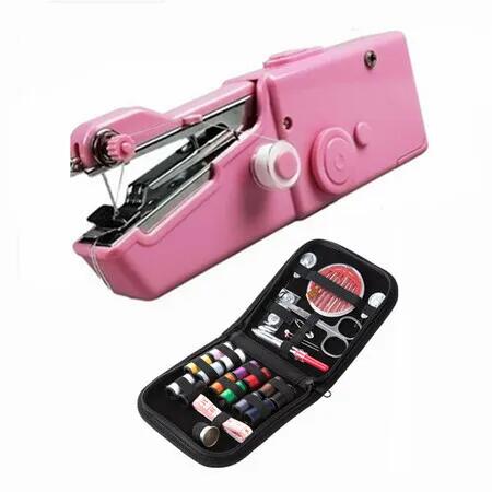 Pink Mini Handheld Electric Sewing Machine Set Deluxe Bag Includes Most Of The Sewing Accessories