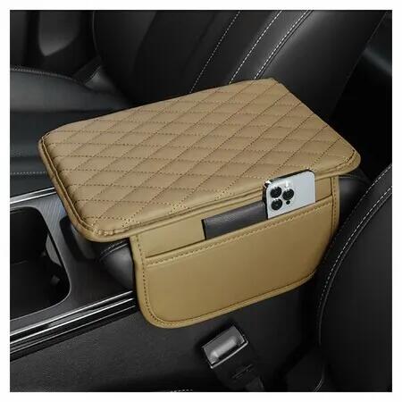 Car Center Console Cover,Microfiber Leather Car Armrest Cover Cushion with 2 Storage Bags,Car Armrest Storage Box Car Interior Accessories (Beige)