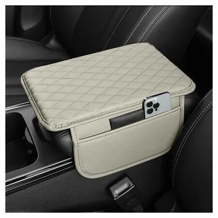 Car Center Console Cover,Microfiber Leather Car Armrest Cover Cushion with 2 Storage Bags,Car Armrest Storage Box Car Interior Accessories (Light White)