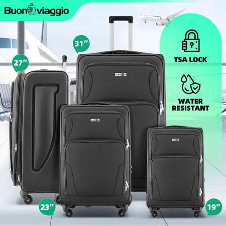 4 Piece Luggage Set Travel Suitcases Soft Shell Carry On Checked Cabin Case TSA Lock Travelling Bags Expandable Storage Hand Baggage Rolling Wheels