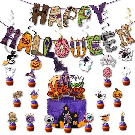 Pull Flag Set 16 Pcs Cake Plugs Double Sided Spiral Pendant Ideal For Halloween Parties Haunted House Setups And Bar Decorations