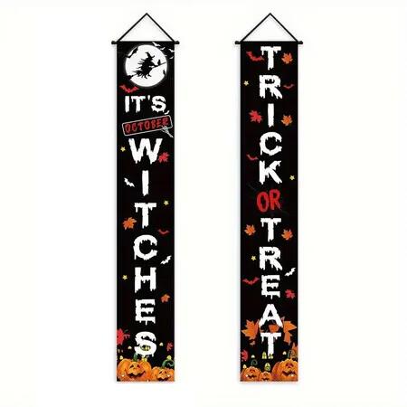 2 PCS Set 180x30cm Black Halloween Decorations Couplet Party Curtain Ideal For Halloween Parties Carnivals And Festive Events