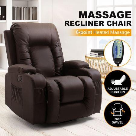 Recliner Massage Chair Rocking Armchair Sofa Heated Seat 360 Degree Swivel Brown