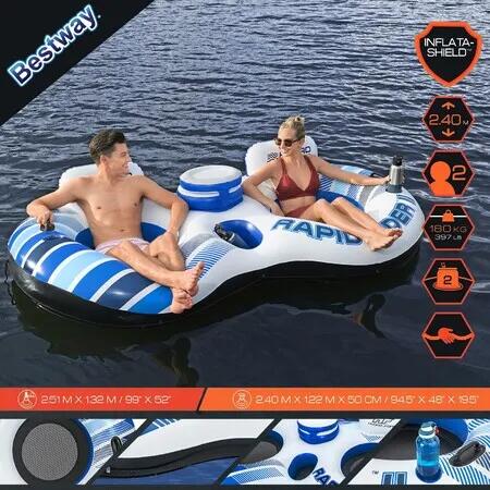 Bestway Floating Island Pool Float Tubes 2 Man River Tube Water Raft Inflatable Watersport Rapid Rider Double Innertube Lake Lounger with Cooler