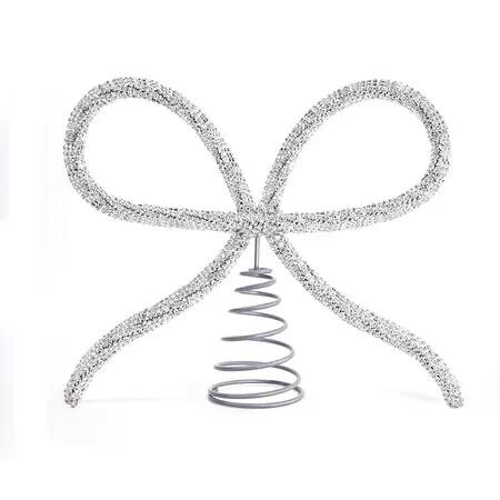 Christmas Decorations, Gold Glass Rhinestone Bow Tree Topper, Xmas Holiday Tree Top Decoration for Indoor Outdoor Home Room Party, Silver