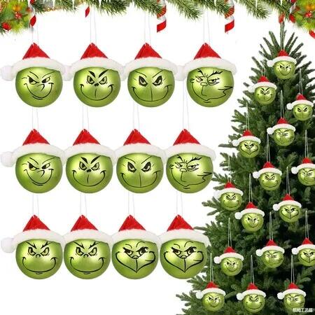12Pcs Grinch Christmas Balls Ornaments Christmas Tree Decorations Hanging Xmas Elf Balls Ornaments with Red Christams Hat for Holiday Decor