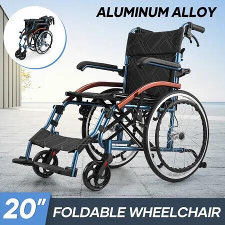 Folding Wheelchair 20Inch Mobility Disability Aid Travel Portable Lightweight Wheel Chair Elderly Transport Transit Equipment Rear Hand Brake Aluminum