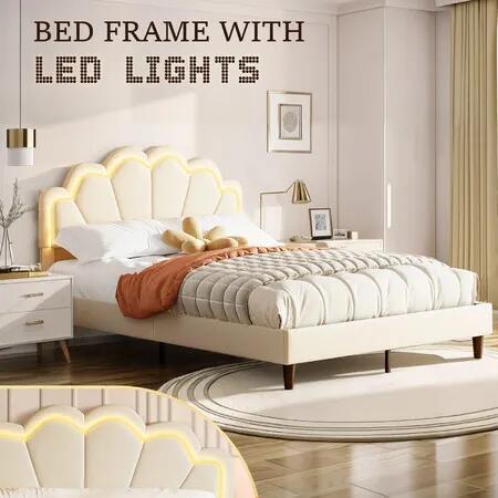 Wood Queen Bed Frame with LED Headboard Metal Platform Mattress Base Queensize Bedroom Furniture Sleep Foundation Upholstered Bedhead White