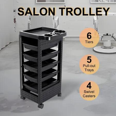 Hair Salon Trolley Tool Cart Hairdressing Colouring Beauty Storage Furniture Mobile 6 Tiers 5 Trays Rolling Wheels Barber Station Spa Tattoo Nail Shop