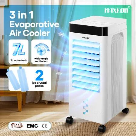 Evaporative Air Cooler Conditioner Humidifier Portable Quiet Cooling Fan 7L Water Tank 3in1 Home Room Swamp AC Conditioning 3 Wind Speeds with Wheels