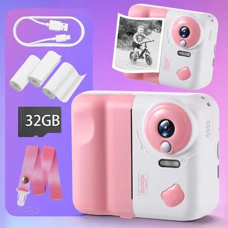 Kids Instant Camera Compact Digital 1080P HD Video Portable Selfie Photo Print Outdoor Play Travel Childrens Toys Christmas Birthday Gifts 32G SD Card